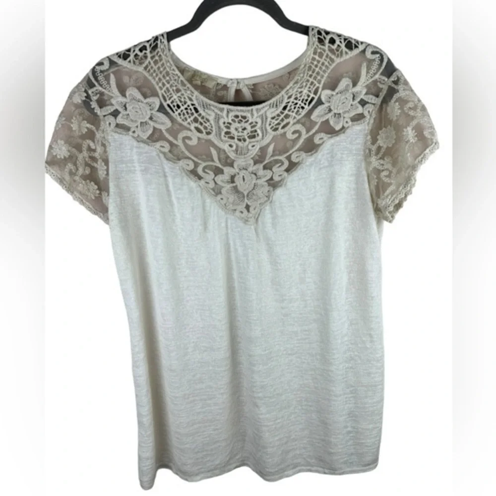 Ambra women’s beige ecru natural short sleeve lace flowy shirt blouse L Italy - Picture 1 of 8